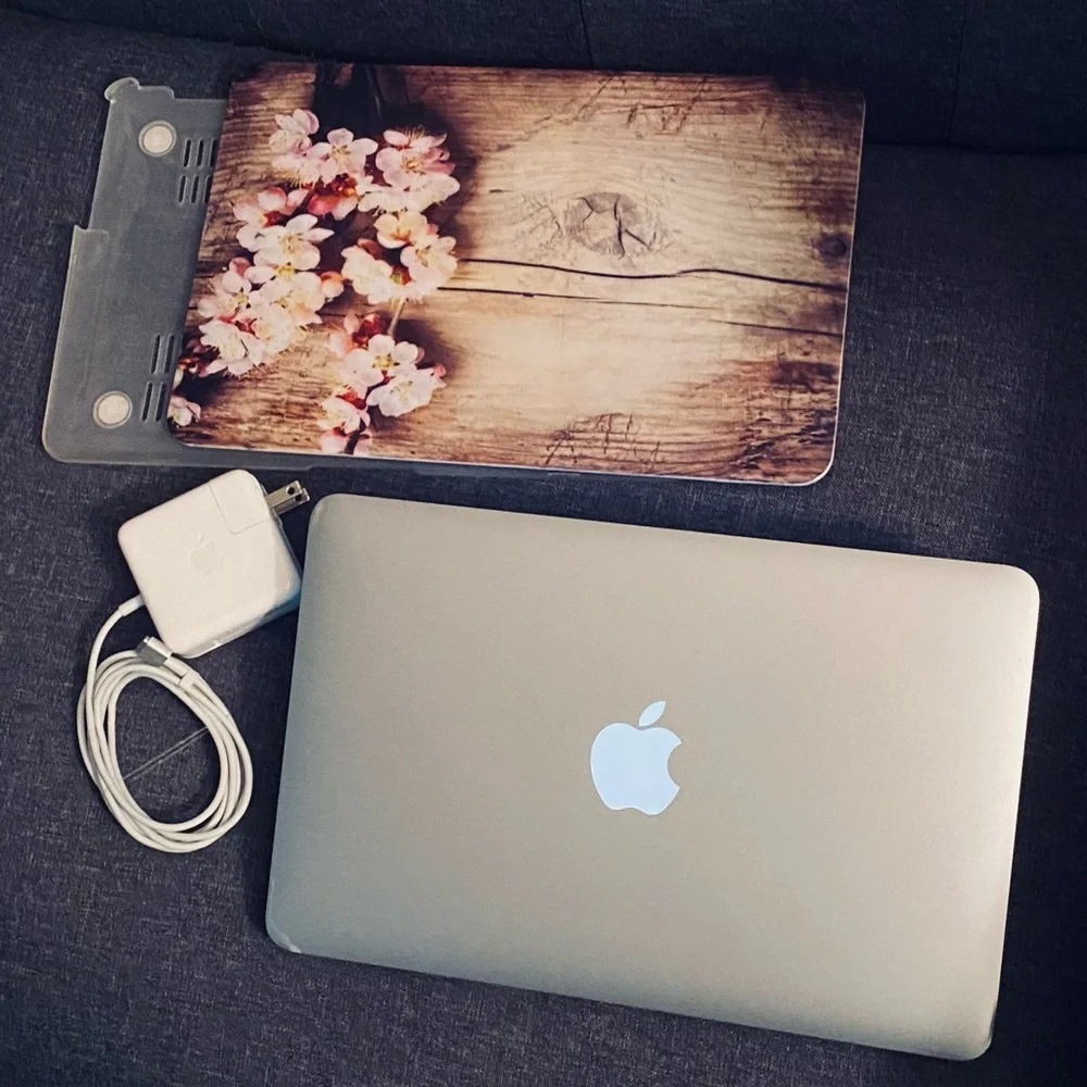 Apple MacBook Air with Charger & Cherry Blossom Wood Case & keyboard cover